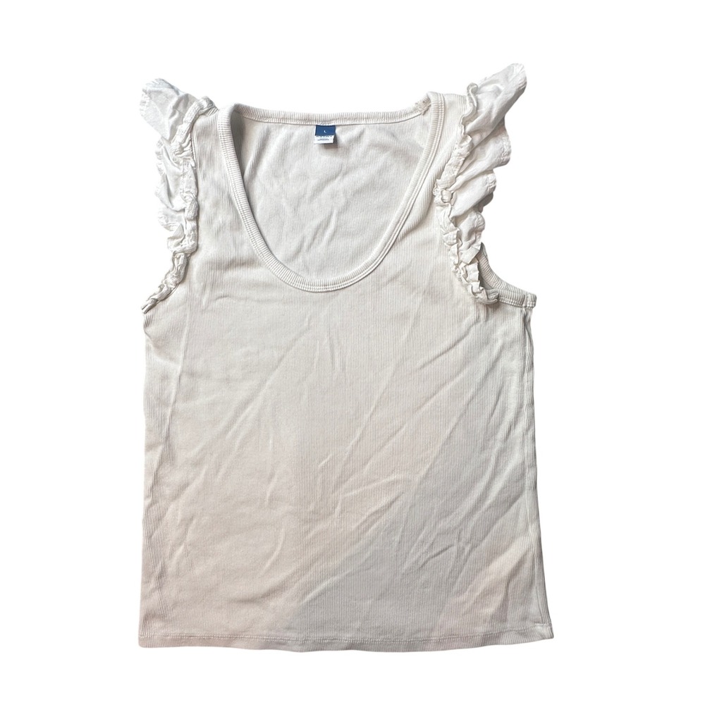 Old Navy Tank Top Womens L White Sea Salt SL Woven Mix R Ruffle Ribbed 856177-01